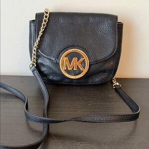Michael Kors Black Pebbled Leather Crossbody Bag with Gold Accents